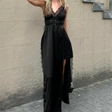 Lace Satin Patchwork High Split Maxi Dress