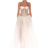 Strapless Mesh White A Line Maxi Long Dress
