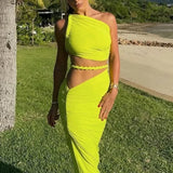 Green Oblique Shoulder Top Thigh High Split Long Skirt Set
