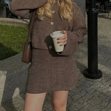 Lapel Cardigan Elastic Waist Mini Skirt Suits