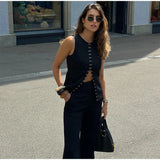 Solid Sleeveless Vest High Waist Straight Pant Suit
