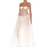 Strapless Mesh White A Line Maxi Long Dress