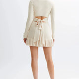 Ruffled Contrast Bow Open Back Lace-Up Knit Mini Dress