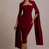 Cape Long Sleeve Square Collar Midi Dress