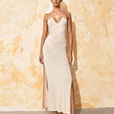 Solid Backless Halter Knit Slit Maxi Dress