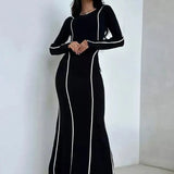 Round Neck Striped Black Long Sleeve Dress