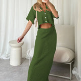 Knit Hollow Out Top and Long Skirt Suit