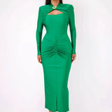 Long Sleeved Pleated Hollowed Out Maxi Dress