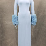 Ruffle Pleated Sleeve Blue Long Dress for Women