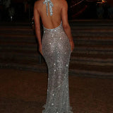 Halter Neck Backless Glitter Long Dress