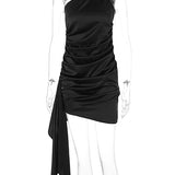 Satin Sleeveless One Shoulder Ribbon Mini Dress