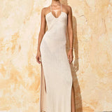 Solid Backless Halter Knit Slit Maxi Dress