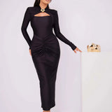 Long Sleeved Pleated Hollowed Out Maxi Dress