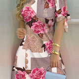 Women Off Shoulder Summer Mini Dress Short Sleeve Bow Tie Striped Plaid Floral Vestidos