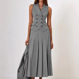 Notched Collar Pleated Skirt Suit Two Piece Sets