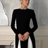 Pleated Patchwork Long Sleeve  Maxi Dress