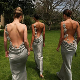 3D Flower Draped Open Back Maxi Dress