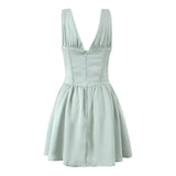 Stain Pleated Ruched Strap Bow Folds Hem Mini Dress