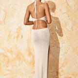 Solid Backless Halter Knit Slit Maxi Dress