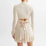 Ruffled Contrast Bow Open Back Lace-Up Knit Mini Dress