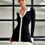 Ruffled Contrast Bow Open Back Lace-Up Knit Mini Dress