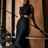 Hollow Out Turtleneck Solid Maxi Dress