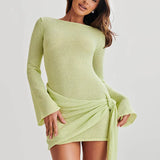 Floral Draped Open Back Knit Long Sleeve Mini Dress