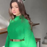 Turtleneck Pullover Solid Sweater Dress With Belt
