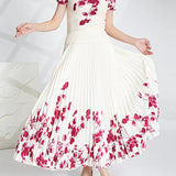 Printed Top and Pleated Long Skirt Suit