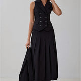 Notched Collar Pleated Skirt Suit Two Piece Sets