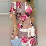 Women Off Shoulder Summer Mini Dress Short Sleeve Bow Tie Striped Plaid Floral Vestidos