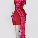 Solid Ruffles One Shoulder Strips Prom Mini Dress