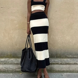 Striped Knitted Crop Top and Midi Skirt Suit