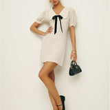 Short Puff Sleeve Bow Detail Dots Print Mini Dress