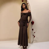 3D Flower-appliqué Mesh Long Sleeve Fishtail Maxi Dress