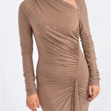 Long Sleeve Ruched Maxi Dress with Thigh-High Split