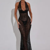Open Back Sequins Sparkling Halter Maxi Dress
