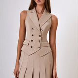 Notched Collar Pleated Skirt Suit Two Piece Sets