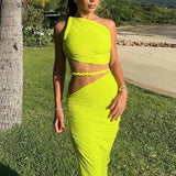 Green Oblique Shoulder Top Thigh High Split Long Skirt Set