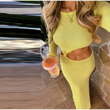 Knitted Hollow Out Solid O-neck Slit Maxi Dress