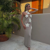 Knit Crochet Flower Applique Halter Maxi Dress