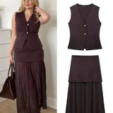 Button Knit Top Side Zipper Skirt Suit