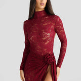 Turtleneck Top And Floral Split Long Skirt Sets