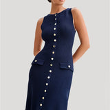 Knit Maxi Dress with Pockets Button-Front