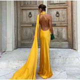 Yellow Satin Backless Lace-Up Off-Shoulder Maxi Dress