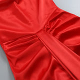Swinging Collar Backless Pleated Red Stain Maxi Dress