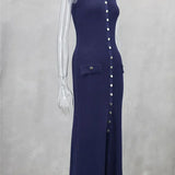 Knit Maxi Dress with Pockets Button-Front