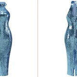 High neck bead wrapped hip skirt slit sequin dress