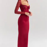 Square Collar Lace-Up Backless Long Sleeve Maxi Dress