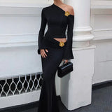 3D Floral-applique Long Sleeve Skirt Suit